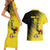 Custom Uganda Football Couples Matching Short Sleeve Bodycon Dress and Hawaiian Shirt Black Crowned Crane Mix Grunge Style - Yellow Color