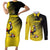 Custom Uganda Football Couples Matching Short Sleeve Bodycon Dress and Long Sleeve Button Shirt Black Crowned Crane Mix Grunge Style - Yellow Color