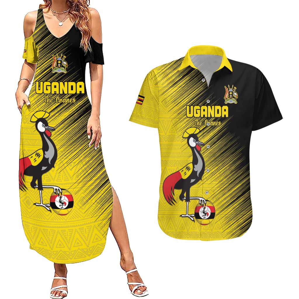 Custom Uganda Football Couples Matching Summer Maxi Dress and Hawaiian Shirt Black Crowned Crane Mix Grunge Style - Yellow Color