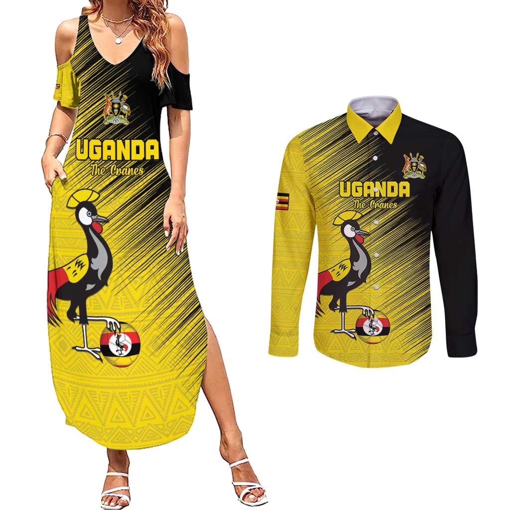 Custom Uganda Football Couples Matching Summer Maxi Dress and Long Sleeve Button Shirt Black Crowned Crane Mix Grunge Style - Yellow Color