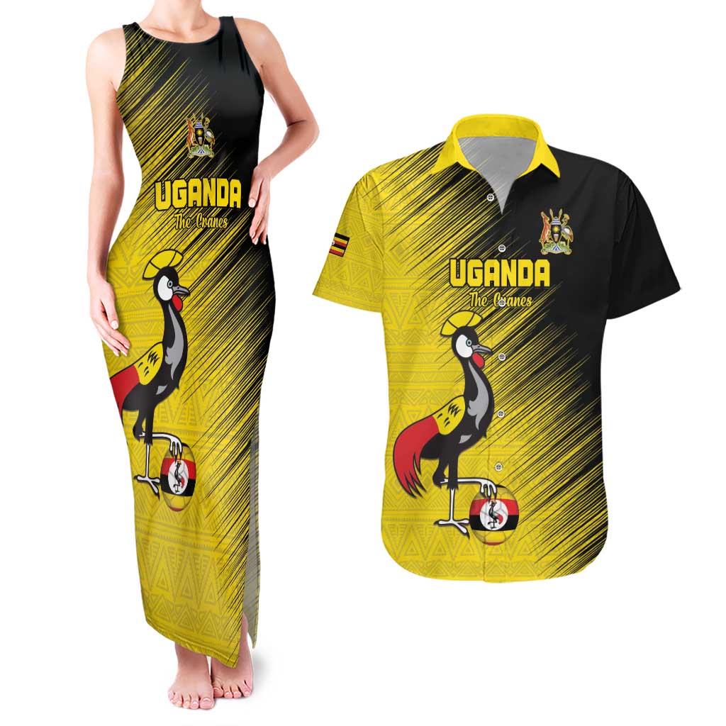 Custom Uganda Football Couples Matching Tank Maxi Dress and Hawaiian Shirt Black Crowned Crane Mix Grunge Style - Yellow Color