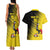 Custom Uganda Football Couples Matching Tank Maxi Dress and Hawaiian Shirt Black Crowned Crane Mix Grunge Style - Yellow Color