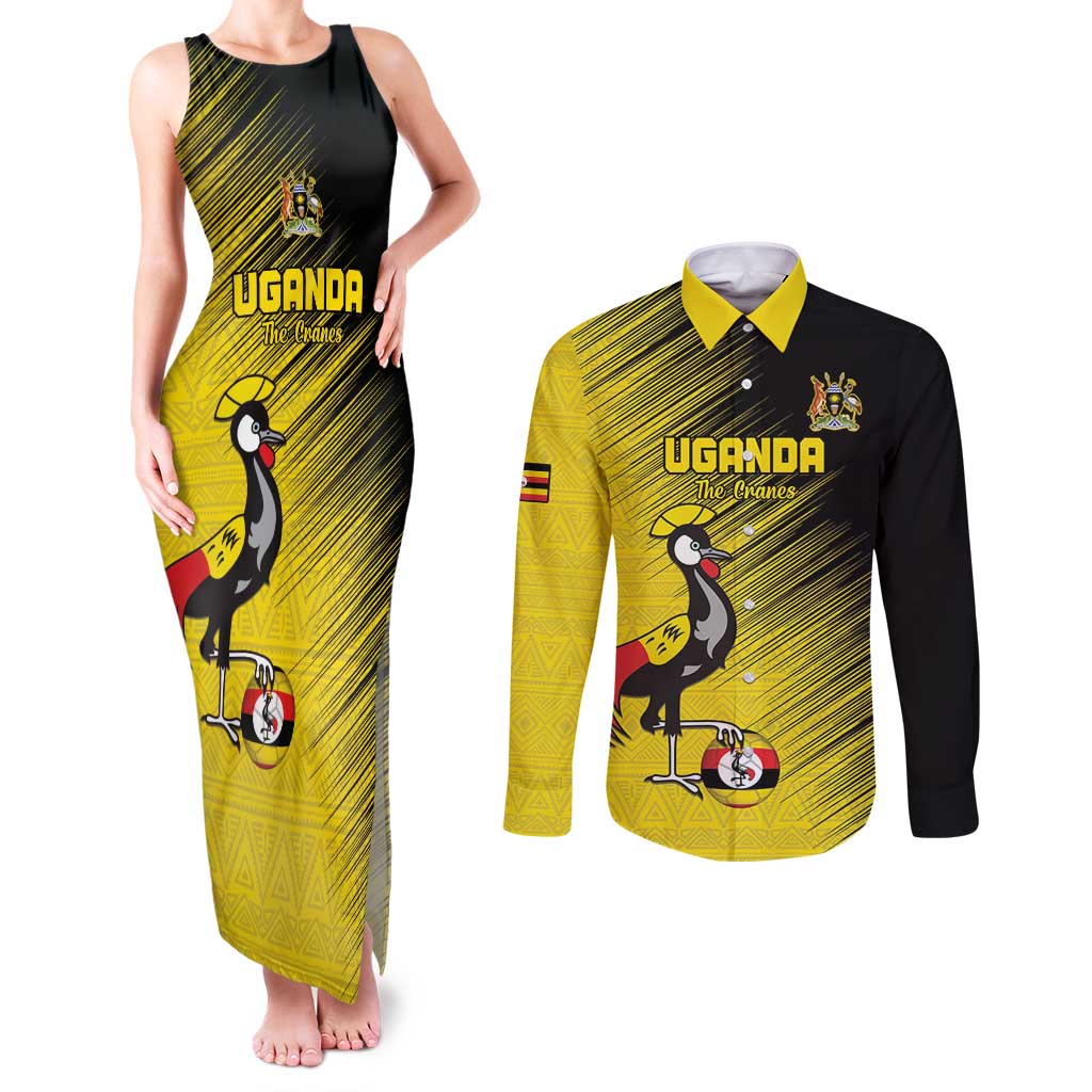 Custom Uganda Football Couples Matching Tank Maxi Dress and Long Sleeve Button Shirt Black Crowned Crane Mix Grunge Style - Yellow Color