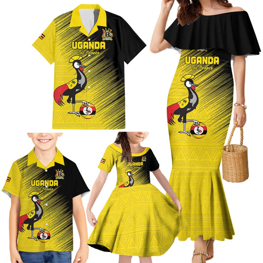 Custom Uganda Football Family Matching Mermaid Dress and Hawaiian Shirt Black Crowned Crane Mix Grunge Style - Yellow Color