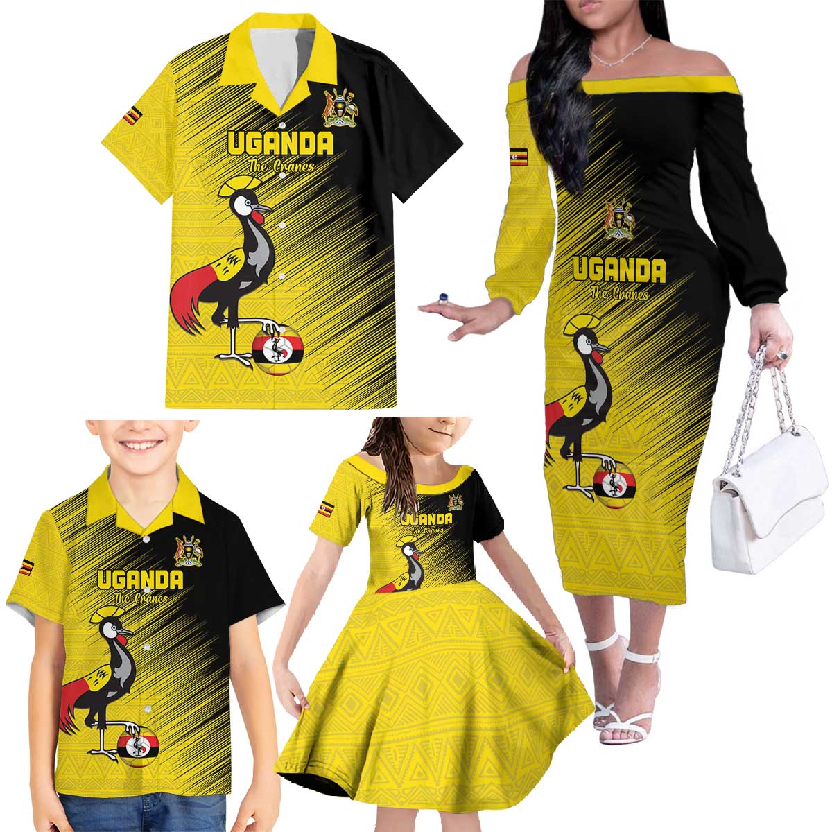 Custom Uganda Football Family Matching Off The Shoulder Long Sleeve Dress and Hawaiian Shirt Black Crowned Crane Mix Grunge Style - Yellow Color