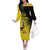 Custom Uganda Football Family Matching Off The Shoulder Long Sleeve Dress and Hawaiian Shirt Black Crowned Crane Mix Grunge Style - Yellow Color