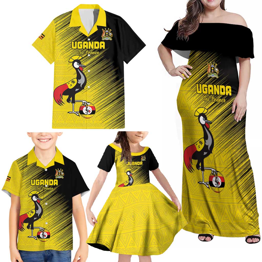 Custom Uganda Football Family Matching Off Shoulder Maxi Dress and Hawaiian Shirt Black Crowned Crane Mix Grunge Style - Yellow Color