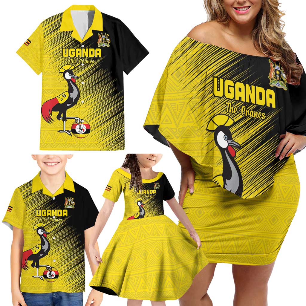 Custom Uganda Football Family Matching Off Shoulder Short Dress and Hawaiian Shirt Black Crowned Crane Mix Grunge Style - Yellow Color