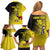 Custom Uganda Football Family Matching Off Shoulder Short Dress and Hawaiian Shirt Black Crowned Crane Mix Grunge Style - Yellow Color