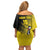 Custom Uganda Football Family Matching Off Shoulder Short Dress and Hawaiian Shirt Black Crowned Crane Mix Grunge Style - Yellow Color