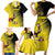 Custom Uganda Football Family Matching Short Sleeve Bodycon Dress and Hawaiian Shirt Black Crowned Crane Mix Grunge Style - Yellow Color