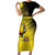 Custom Uganda Football Family Matching Short Sleeve Bodycon Dress and Hawaiian Shirt Black Crowned Crane Mix Grunge Style - Yellow Color