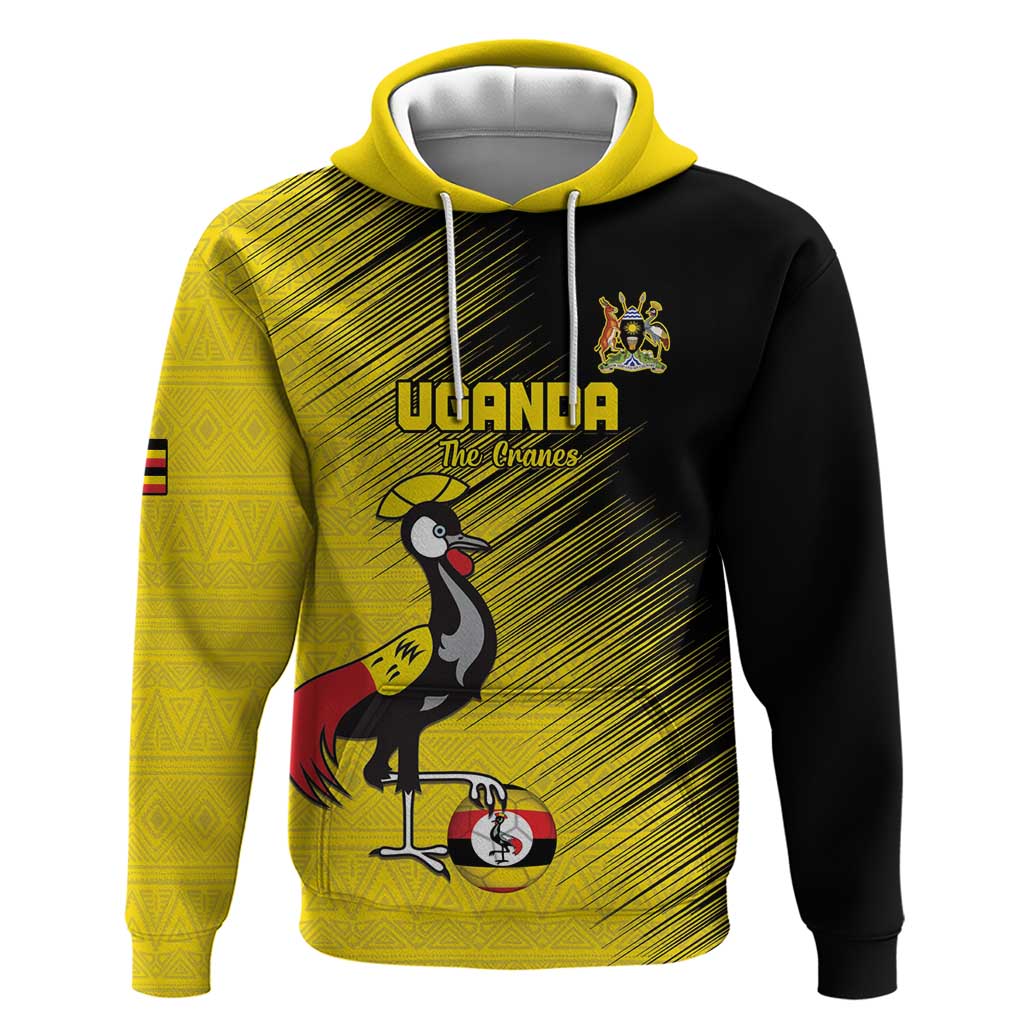 Custom Uganda Football Hoodie Black Crowned Crane Mix Grunge Style - Yellow Color