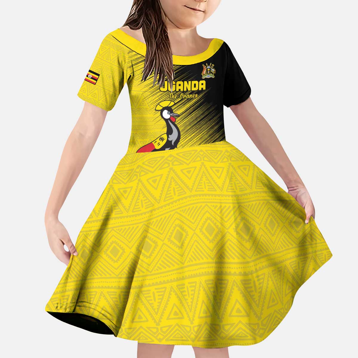 Custom Uganda Football Kid Short Sleeve Dress Black Crowned Crane Mix Grunge Style - Yellow Color