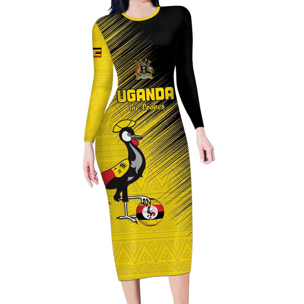 Custom Uganda Football Long Sleeve Bodycon Dress Black Crowned Crane Mix Grunge Style - Yellow Color