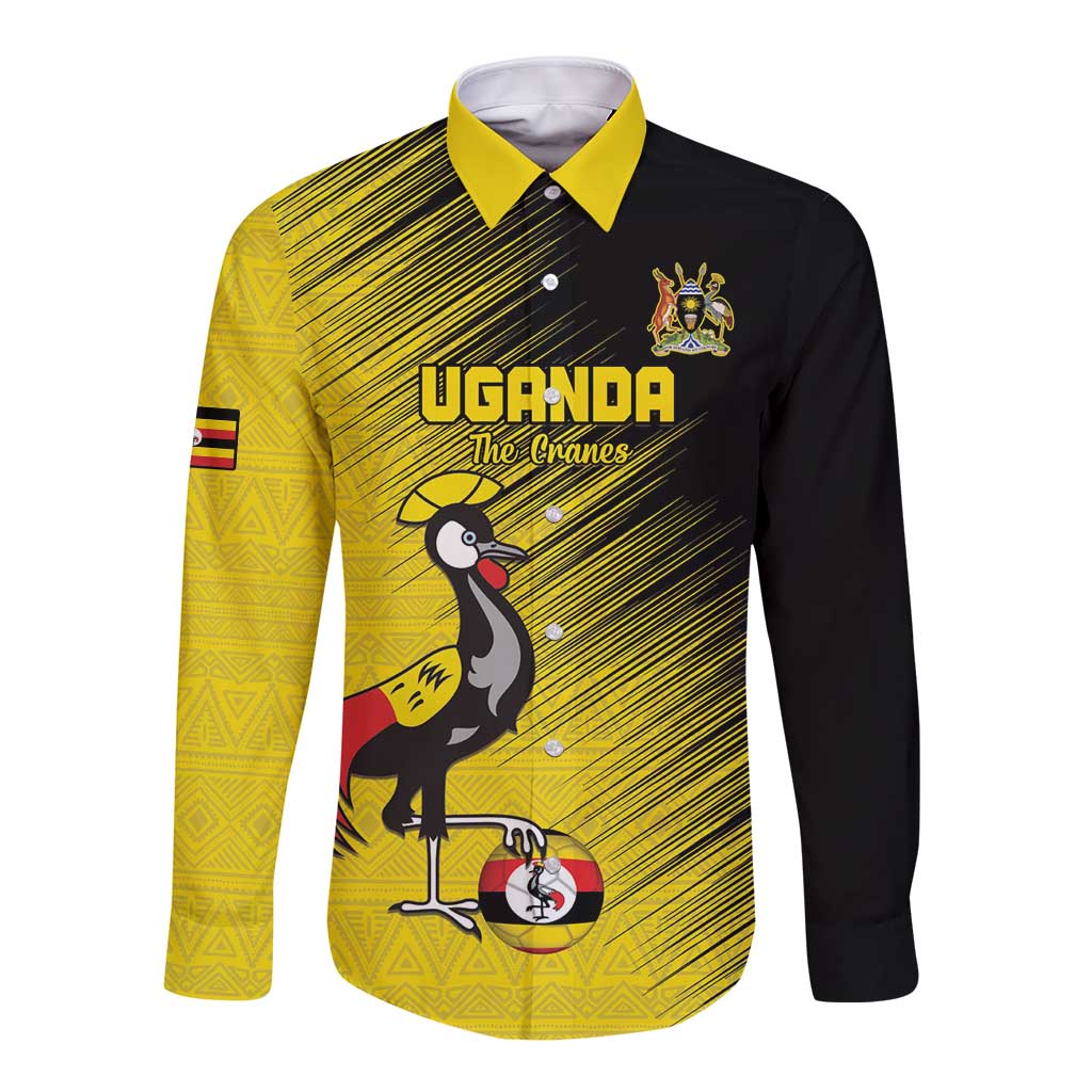 Custom Uganda Football Long Sleeve Button Shirt Black Crowned Crane Mix Grunge Style - Yellow Color