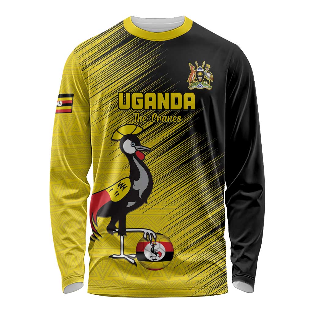 Custom Uganda Football Long Sleeve Shirt Black Crowned Crane Mix Grunge Style - Yellow Color