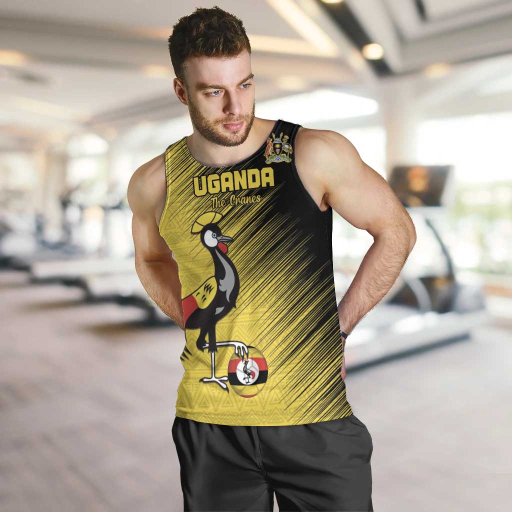 Custom Uganda Football Men Tank Top Black Crowned Crane Mix Grunge Style - Yellow Color