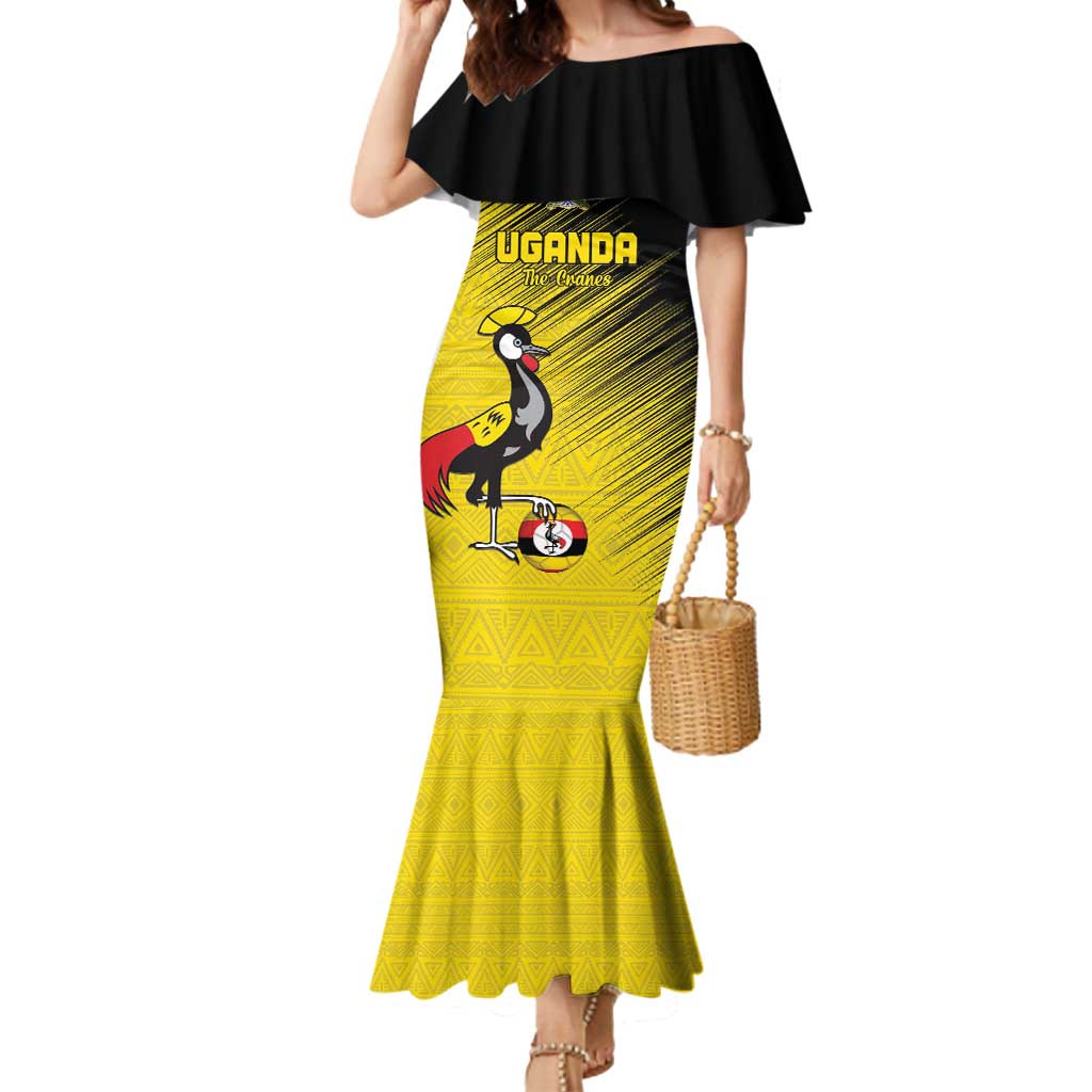 Custom Uganda Football Mermaid Dress Black Crowned Crane Mix Grunge Style - Yellow Color