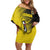 Custom Uganda Football Off Shoulder Short Dress Black Crowned Crane Mix Grunge Style - Yellow Color