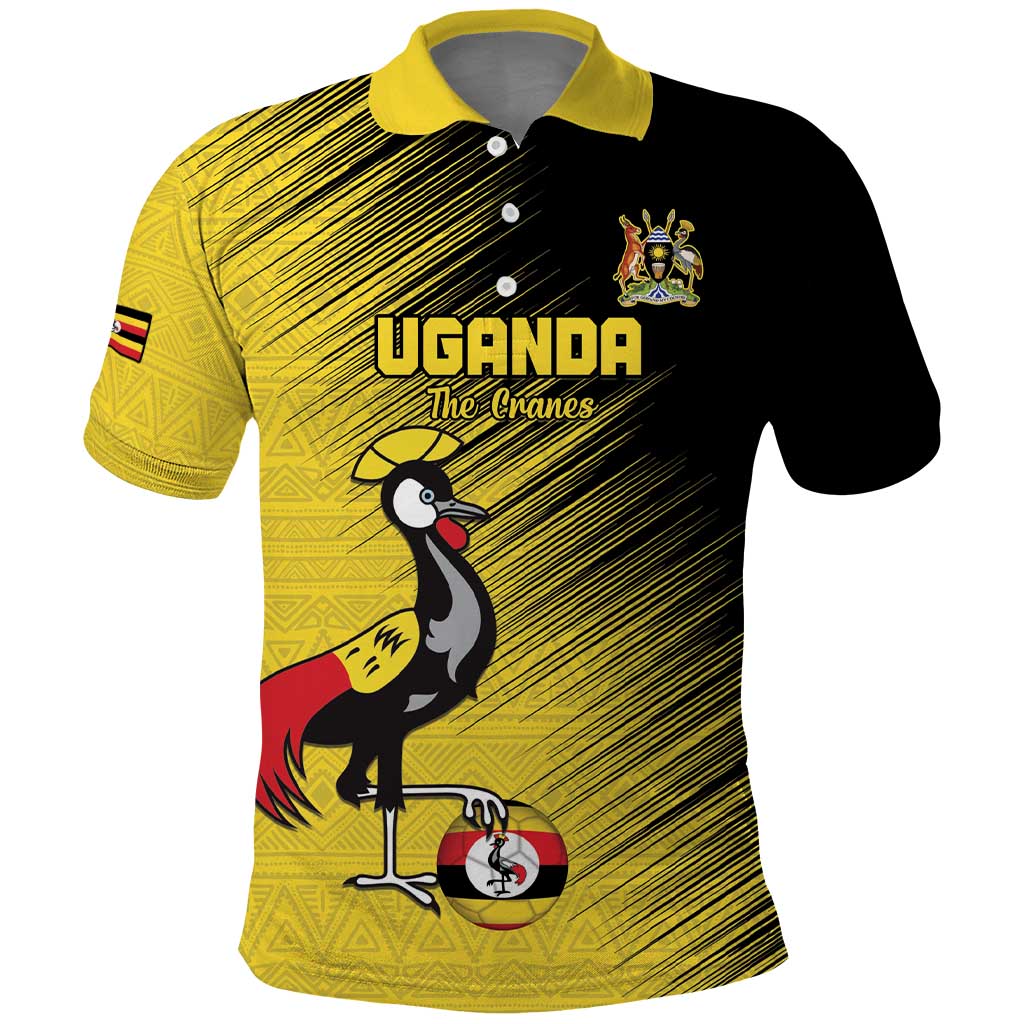 Custom Uganda Football Polo Shirt Black Crowned Crane Mix Grunge Style - Yellow Color