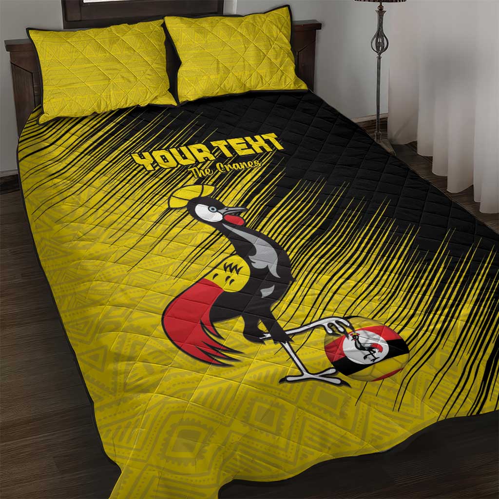 Custom Uganda Football Quilt Bed Set Black Crowned Crane Mix Grunge Style - Yellow Color