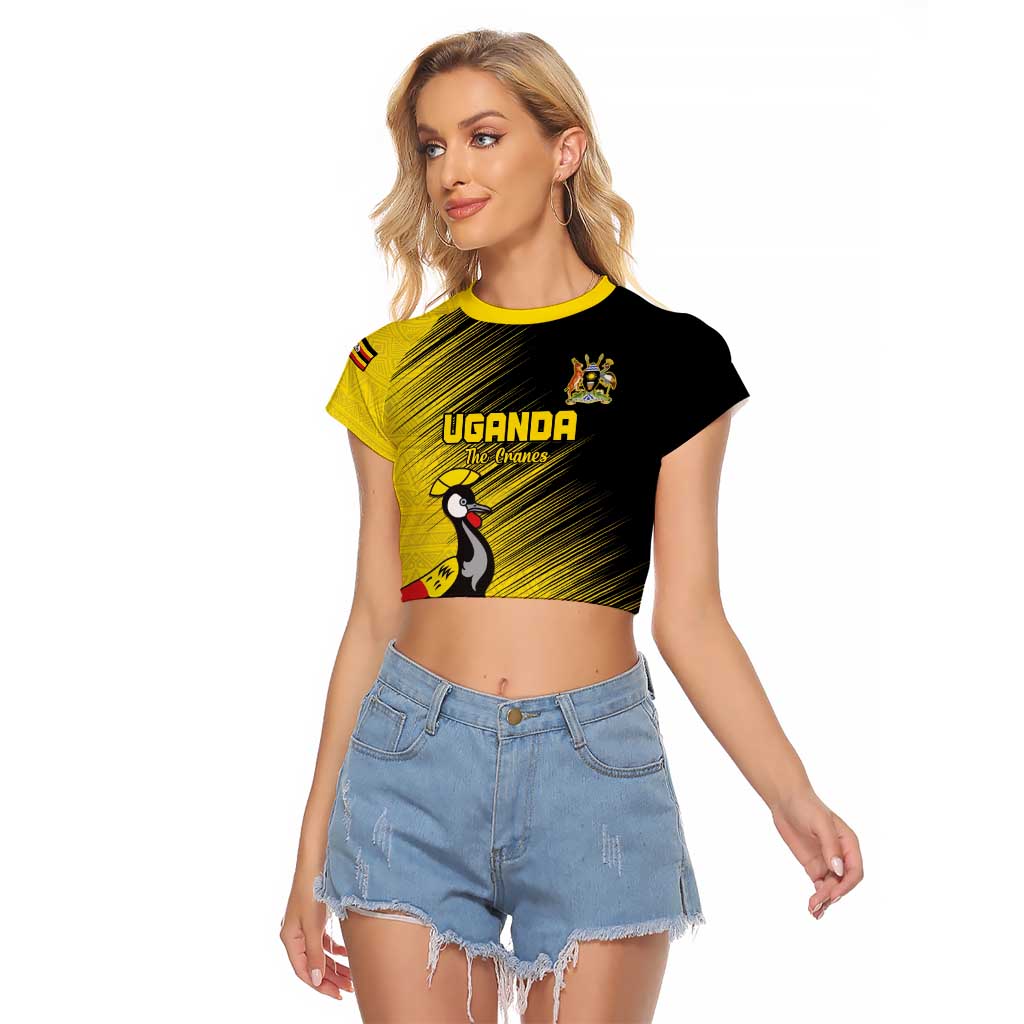 Custom Uganda Football Raglan Cropped T Shirt Black Crowned Crane Mix Grunge Style - Yellow Color