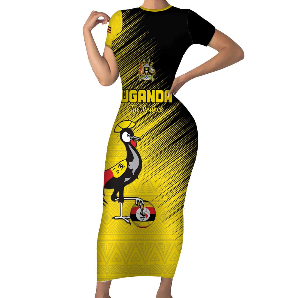 Custom Uganda Football Short Sleeve Bodycon Dress Black Crowned Crane Mix Grunge Style - Yellow Color