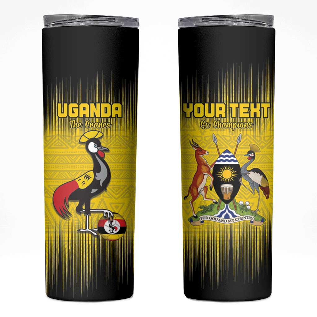 Custom Uganda Football Skinny Tumbler Black Crowned Crane Mix Grunge Style - Yellow Color