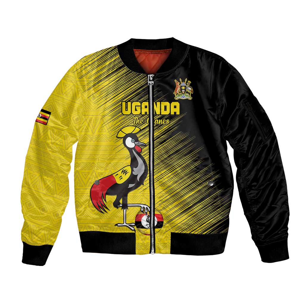 Custom Uganda Football Sleeve Zip Bomber Jacket Black Crowned Crane Mix Grunge Style - Yellow Color