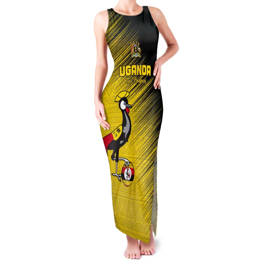 Custom Uganda Football Tank Maxi Dress Black Crowned Crane Mix Grunge Style - Yellow Color