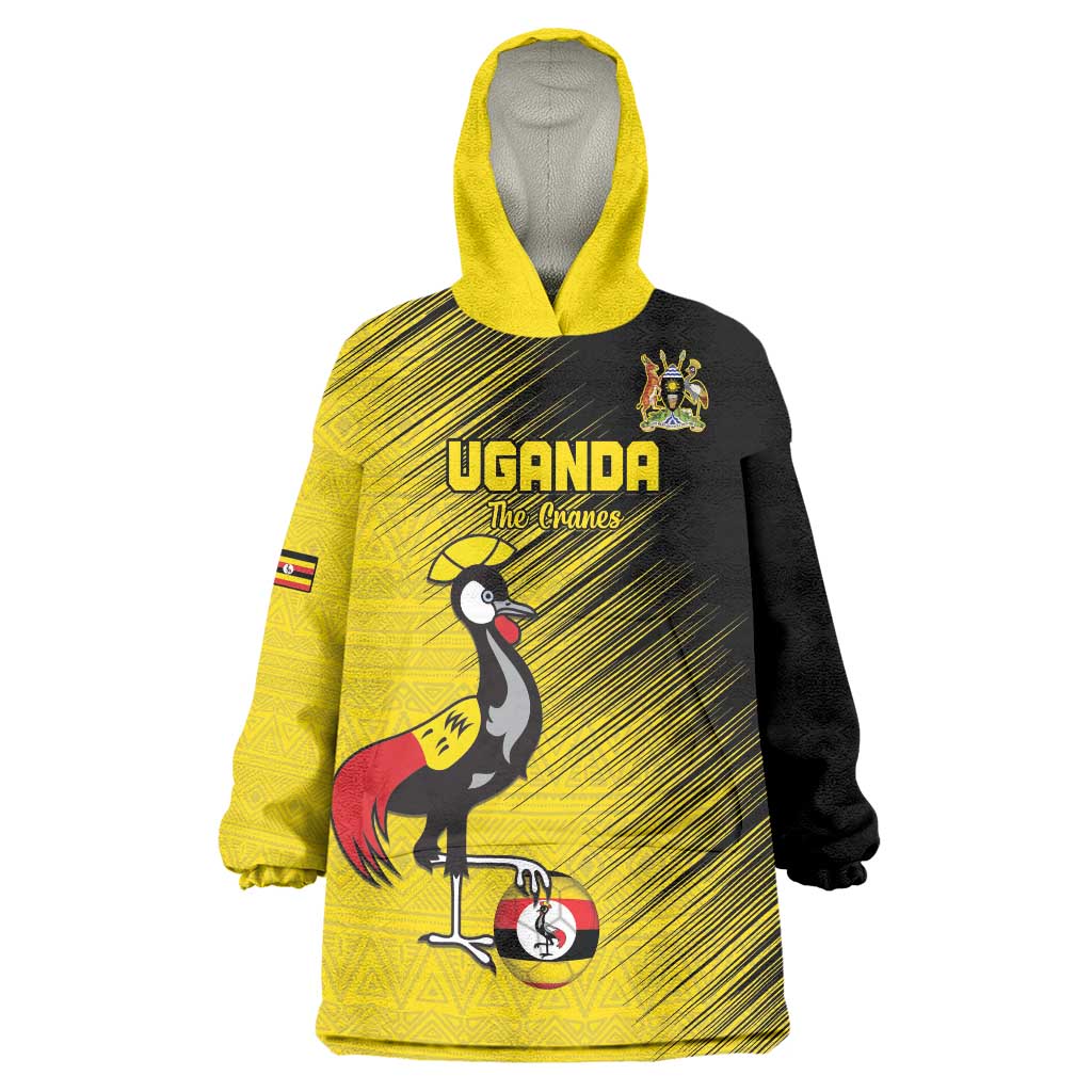 Custom Uganda Football Wearable Blanket Hoodie Black Crowned Crane Mix Grunge Style - Yellow Color