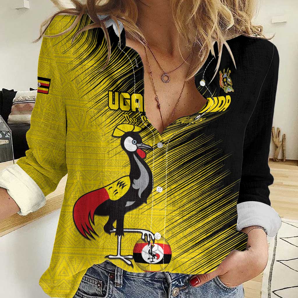 Custom Uganda Football Women Casual Shirt Black Crowned Crane Mix Grunge Style - Yellow Color