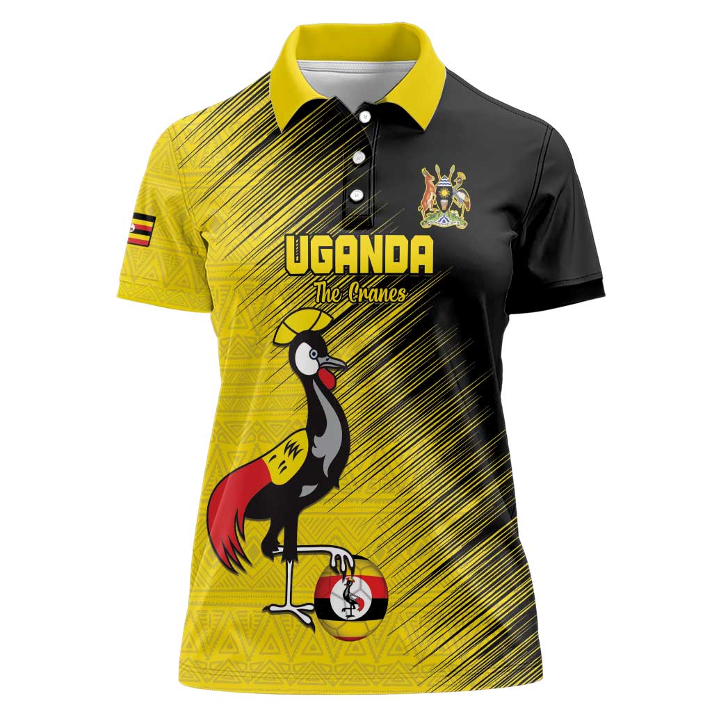 Custom Uganda Football Women Polo Shirt Black Crowned Crane Mix Grunge Style - Yellow Color