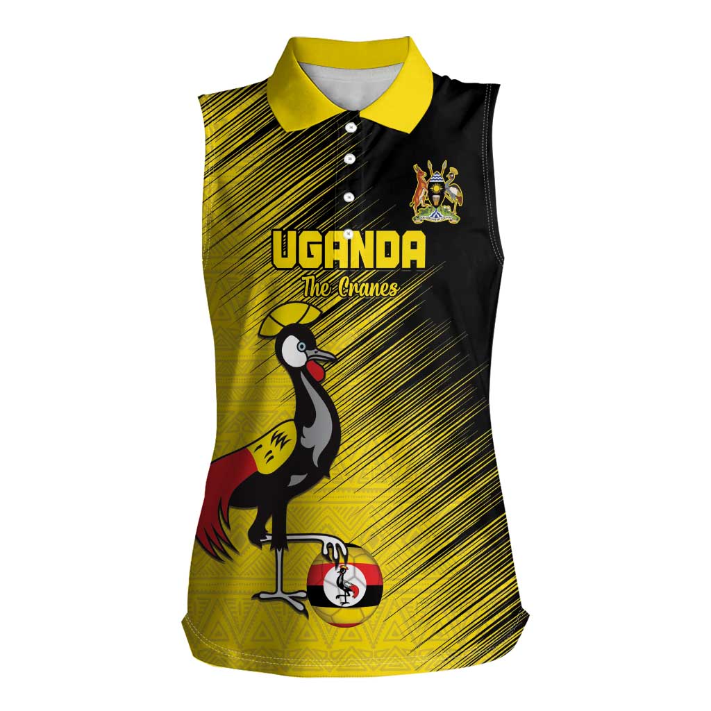 Custom Uganda Football Women Sleeveless Polo Shirt Black Crowned Crane Mix Grunge Style - Yellow Color