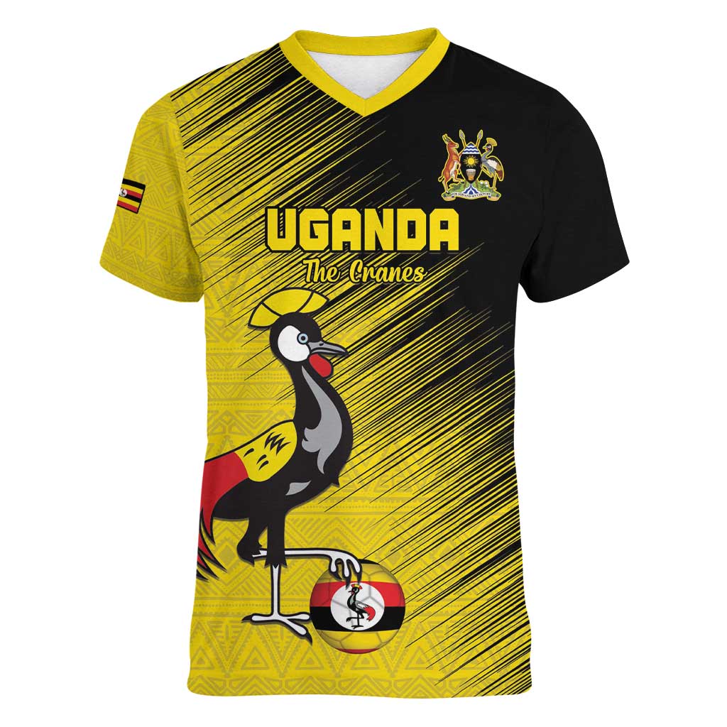 Custom Uganda Football Women V-Neck T-Shirt Black Crowned Crane Mix Grunge Style - Yellow Color