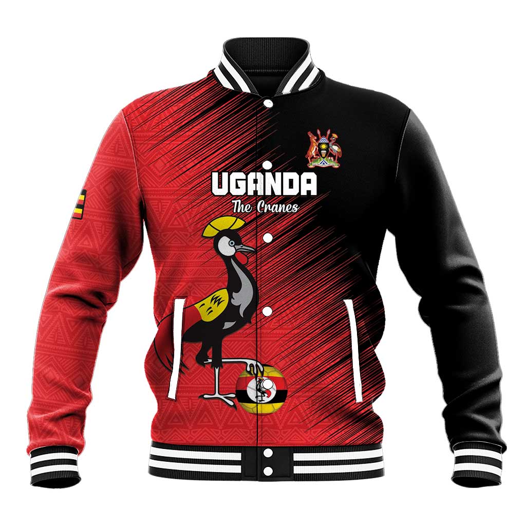 Custom Uganda Football Baseball Jacket Black Crowned Crane Mix Grunge Style - Red Color