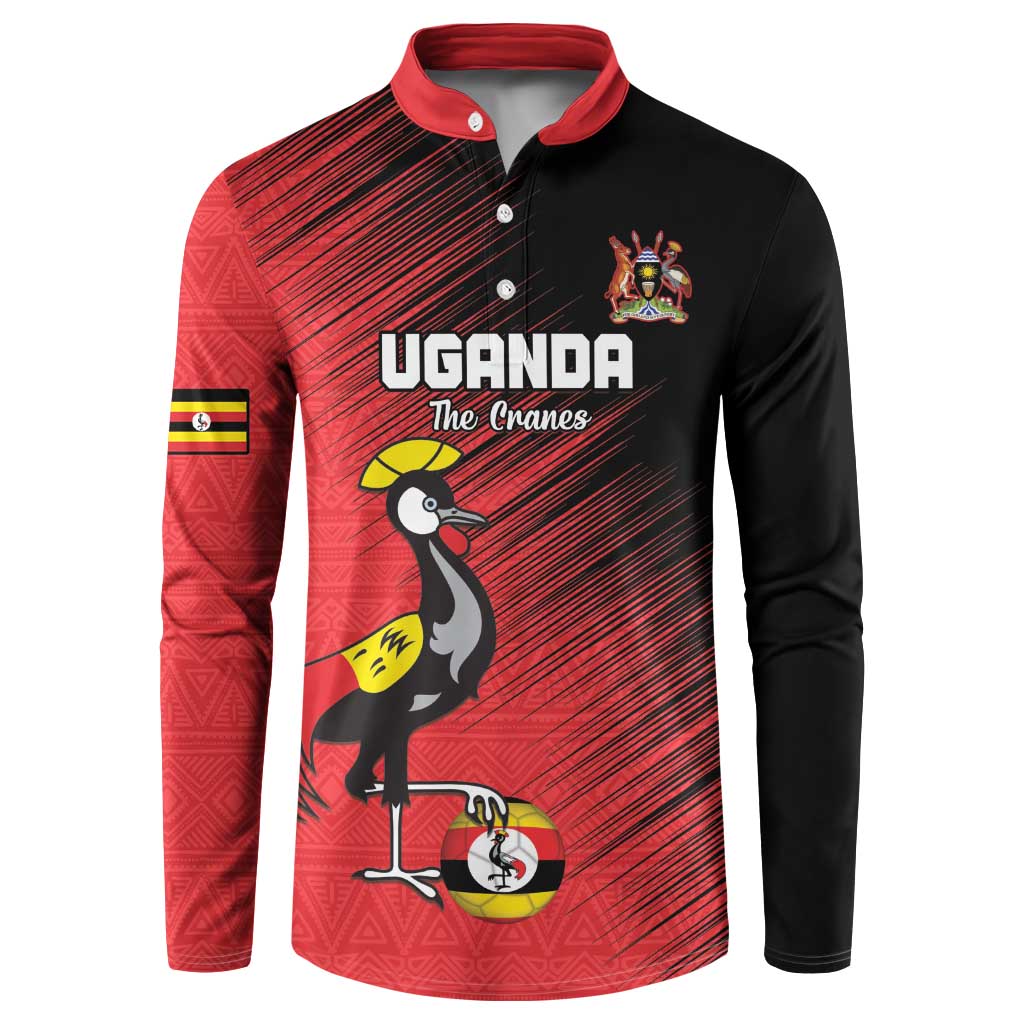 Custom Uganda Football Button Sweatshirt Black Crowned Crane Mix Grunge Style - Red Color