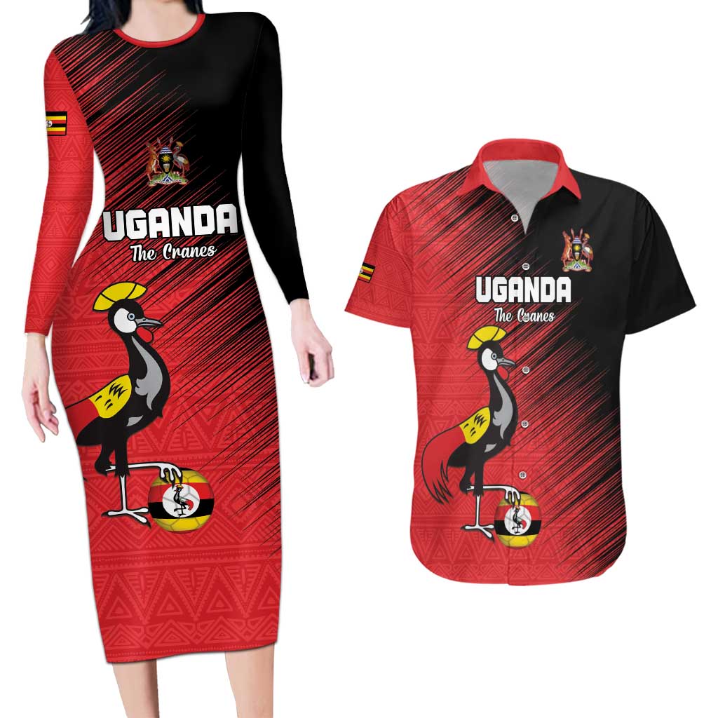 Custom Uganda Football Couples Matching Long Sleeve Bodycon Dress and Hawaiian Shirt Black Crowned Crane Mix Grunge Style - Red Color