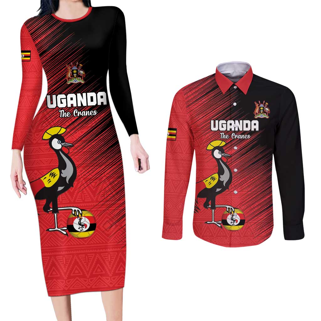 Custom Uganda Football Couples Matching Long Sleeve Bodycon Dress and Long Sleeve Button Shirt Black Crowned Crane Mix Grunge Style - Red Color