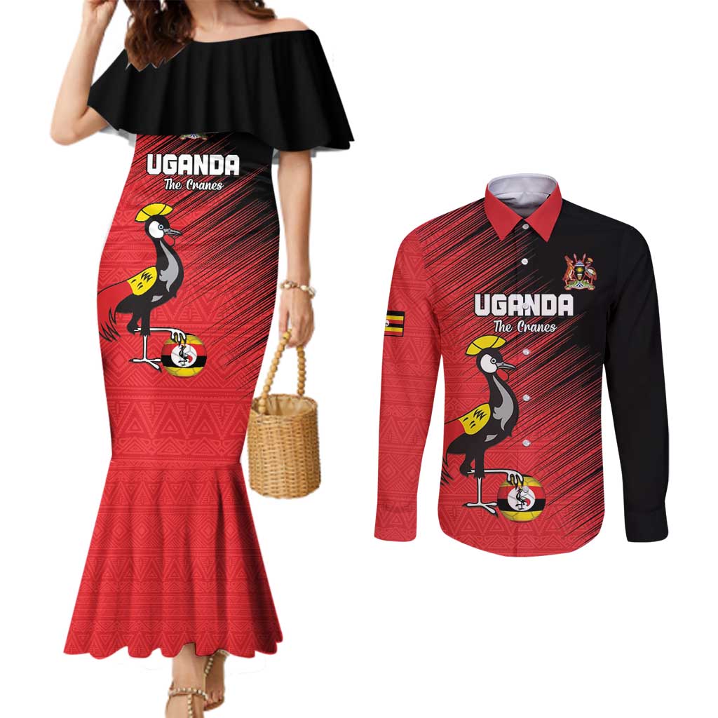 Custom Uganda Football Couples Matching Mermaid Dress and Long Sleeve Button Shirt Black Crowned Crane Mix Grunge Style - Red Color