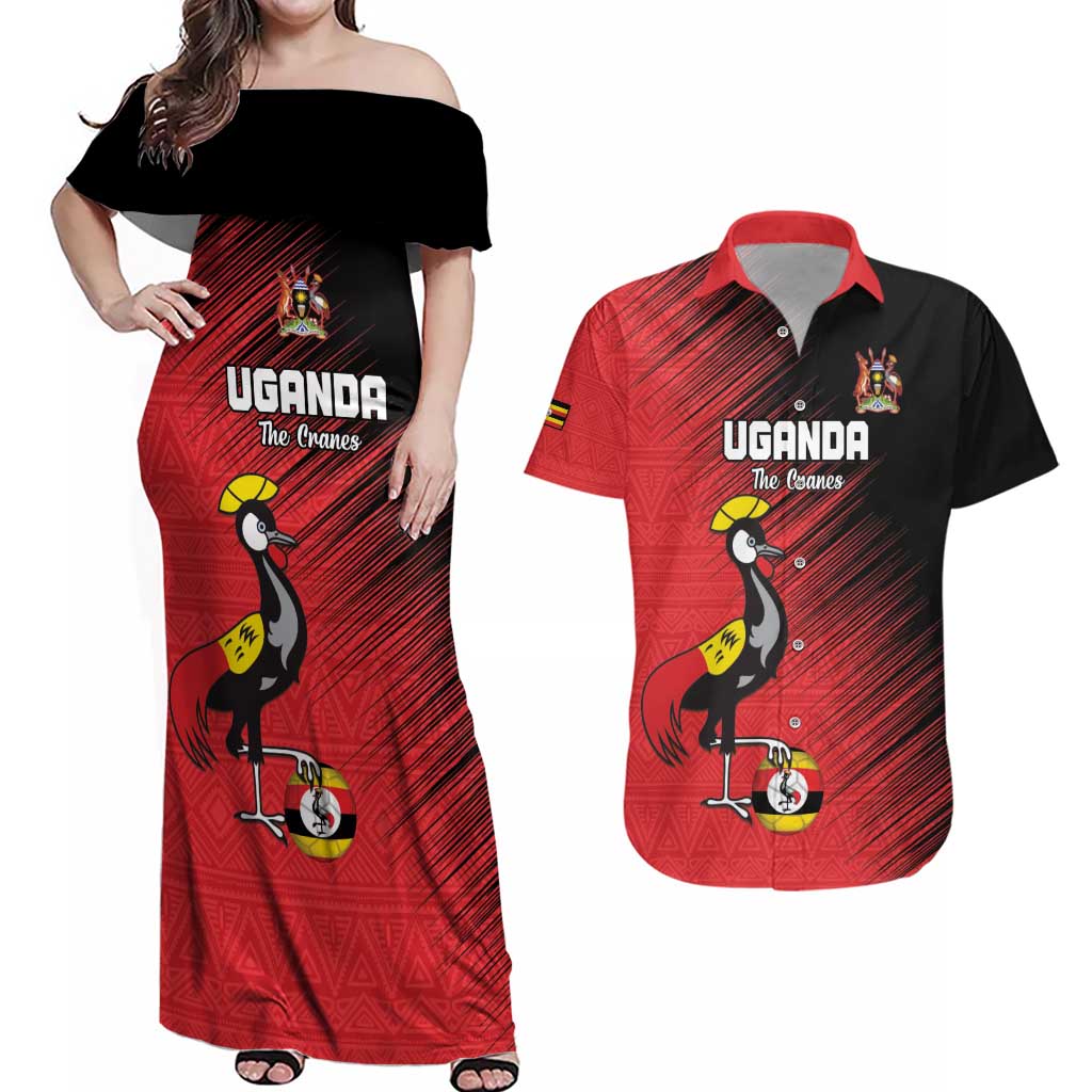 Custom Uganda Football Couples Matching Off Shoulder Maxi Dress and Hawaiian Shirt Black Crowned Crane Mix Grunge Style - Red Color