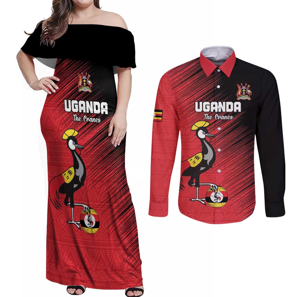 Custom Uganda Football Couples Matching Off Shoulder Maxi Dress and Long Sleeve Button Shirt Black Crowned Crane Mix Grunge Style - Red Color