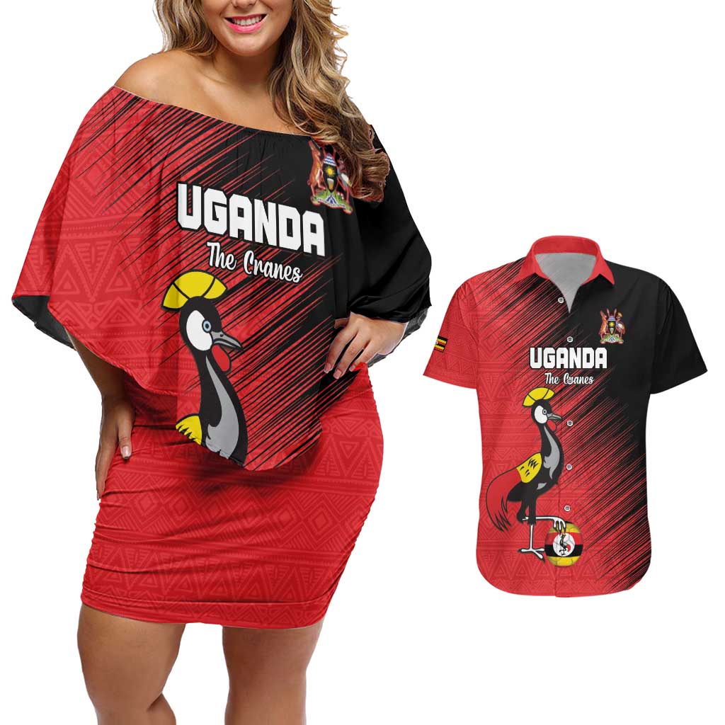 Custom Uganda Football Couples Matching Off Shoulder Short Dress and Hawaiian Shirt Black Crowned Crane Mix Grunge Style - Red Color