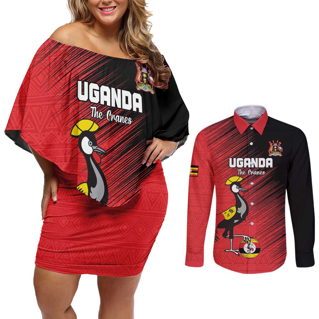 Custom Uganda Football Couples Matching Off Shoulder Short Dress and Long Sleeve Button Shirt Black Crowned Crane Mix Grunge Style - Red Color