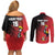 Custom Uganda Football Couples Matching Off Shoulder Short Dress and Long Sleeve Button Shirt Black Crowned Crane Mix Grunge Style - Red Color