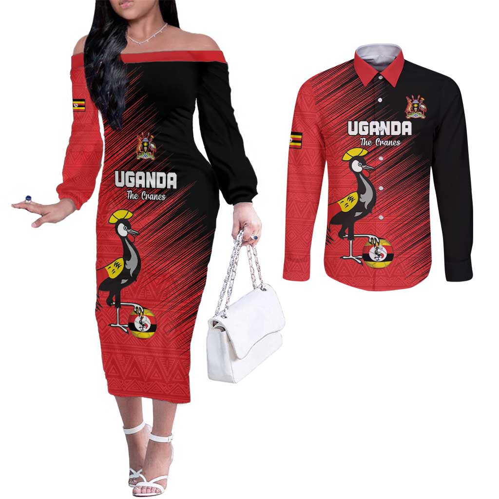 Custom Uganda Football Couples Matching Off The Shoulder Long Sleeve Dress and Long Sleeve Button Shirt Black Crowned Crane Mix Grunge Style - Red Color