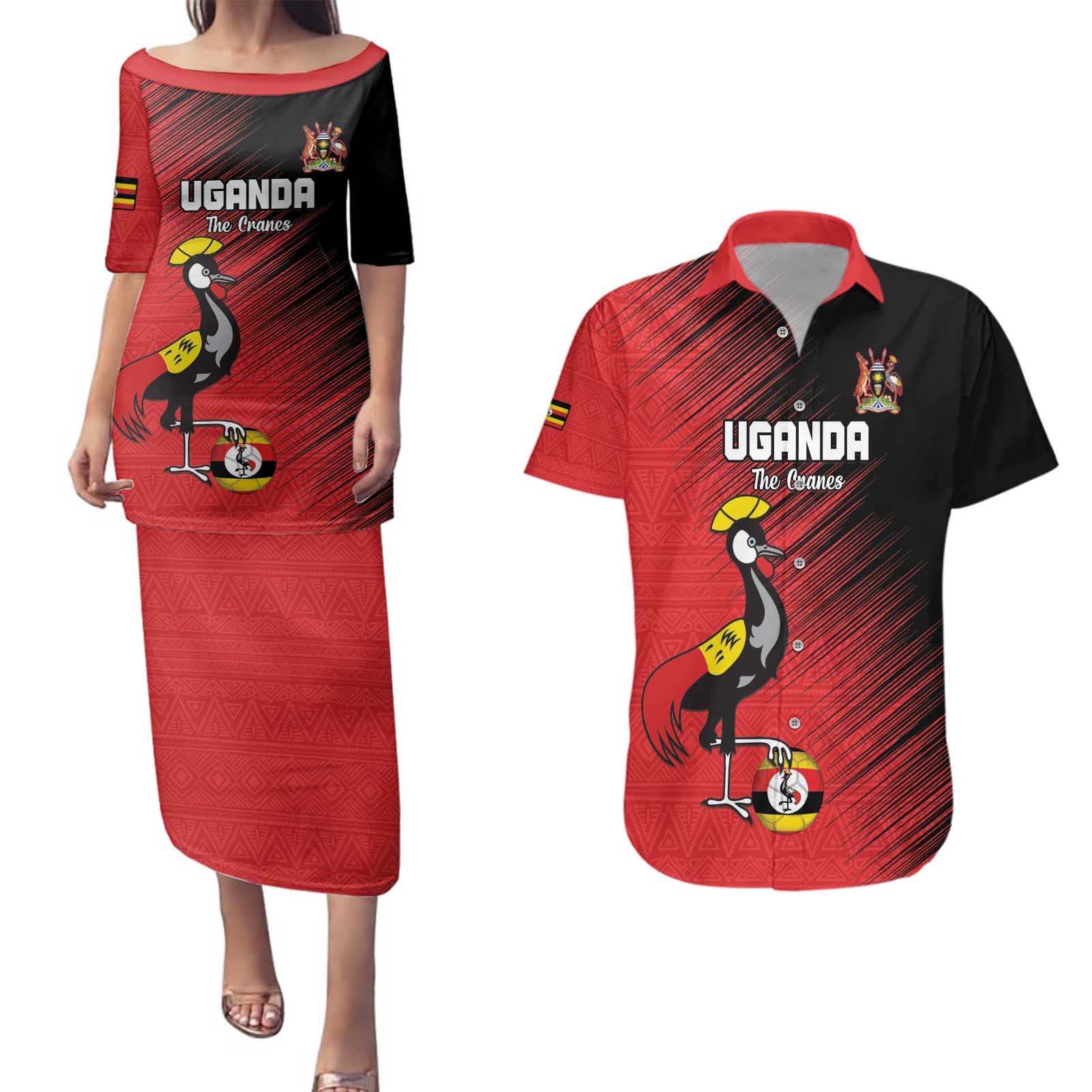 Custom Uganda Football Couples Matching Puletasi and Hawaiian Shirt Black Crowned Crane Mix Grunge Style - Red Color