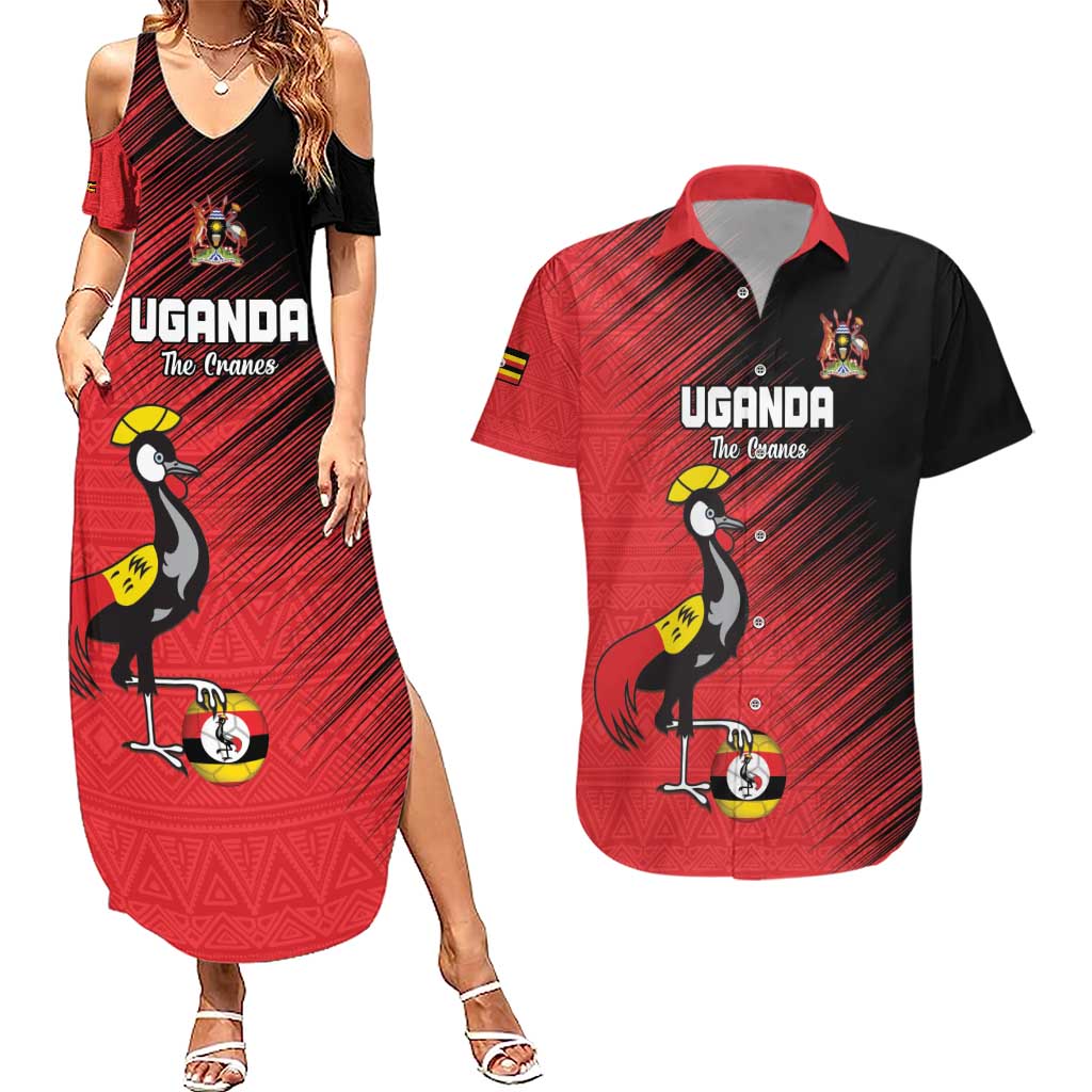 Custom Uganda Football Couples Matching Summer Maxi Dress and Hawaiian Shirt Black Crowned Crane Mix Grunge Style - Red Color