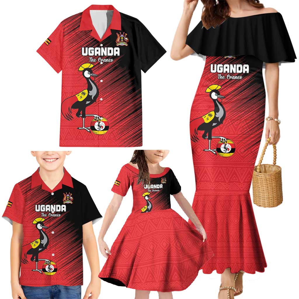 Custom Uganda Football Family Matching Mermaid Dress and Hawaiian Shirt Black Crowned Crane Mix Grunge Style - Red Color